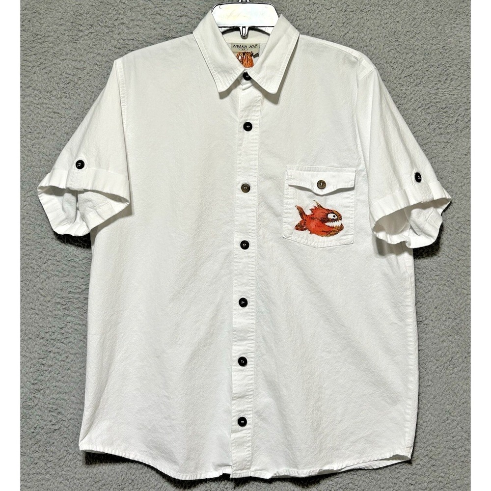 Vintage Pirana Joe Hawaiian Shirt Belize‎ Men M White Button Up Graphic Beach